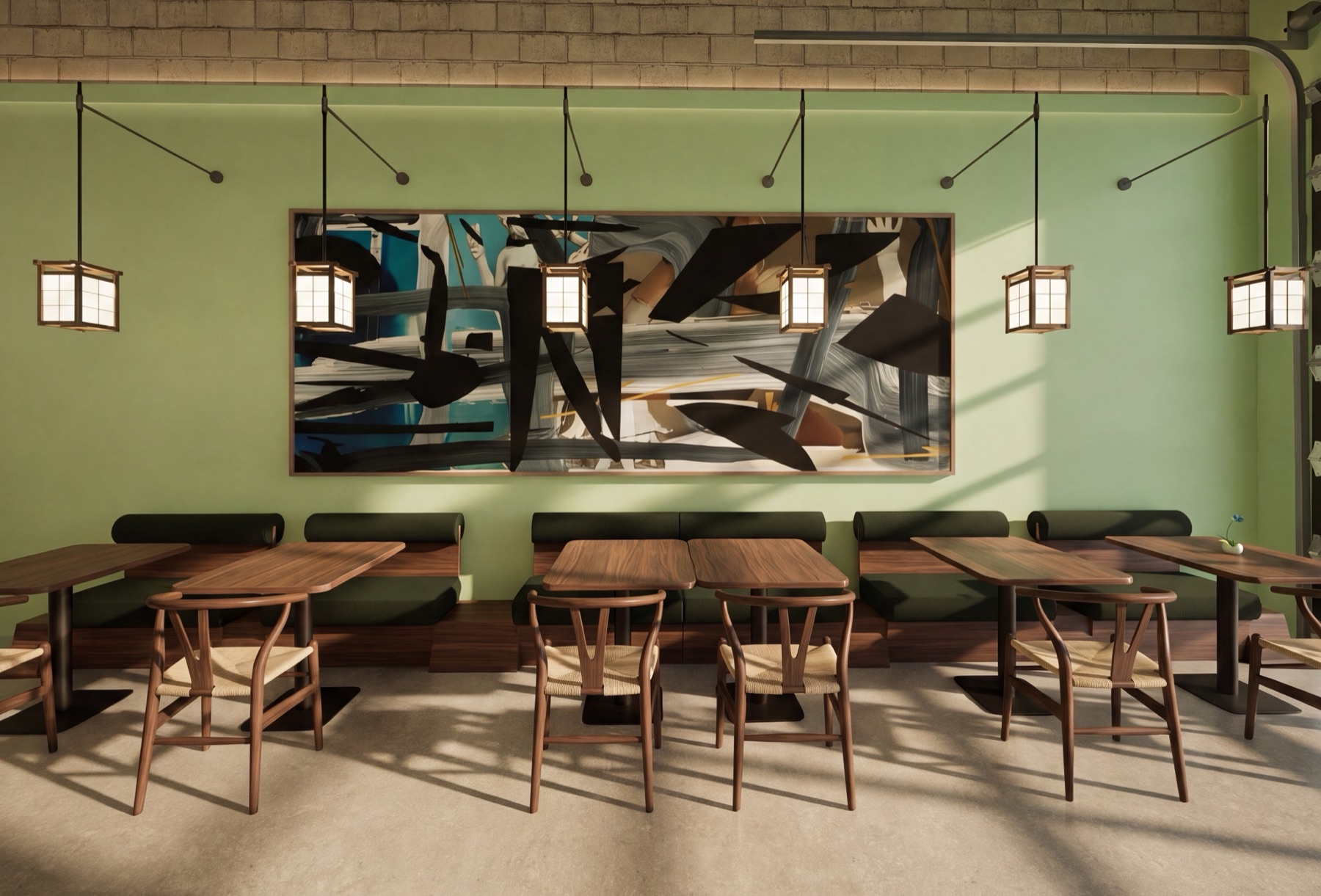 Niwa dining room with paper lanterns, green walls and walnut tables